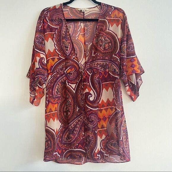 CABI Purple Paisley Sheer Front Tie Kimono/Coverup Size Small - Picture 1 of 12